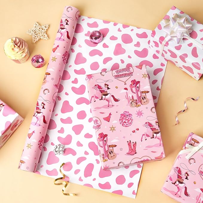 WERNNSAI Pink Cowgirl Wrapping Paper Roll - 1 Roll 17”x 16.4ft Western Gift Wrapping Paper Wild West Girl Gift Packing Favor for Kids Girls Birthday Party Reversible Cow Pattern Design