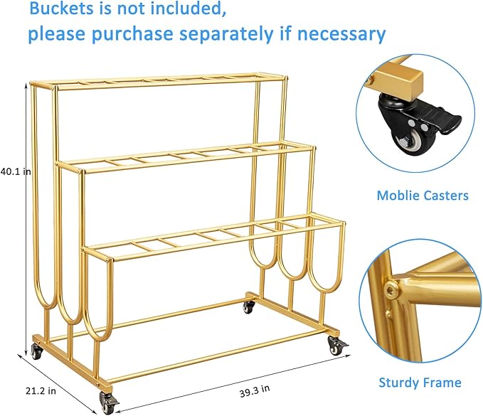 Flower Display Stand Frame, 3-Tier Flower Cart with Wheels, Metal Floral Display Rack , Moving Florist Bouquet Shelf for Shop ,Flower Bar, Events (Gold - 3 Tier) , Without Flower Buckets