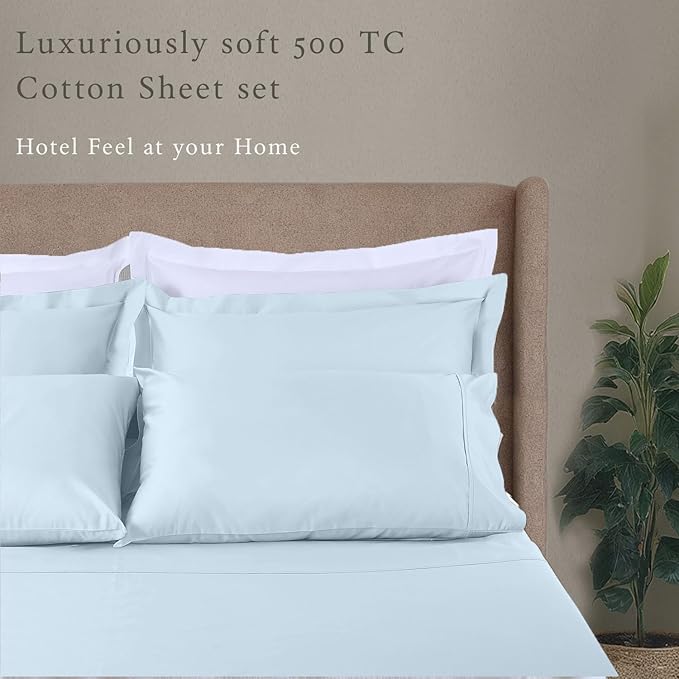 Threadmill Cotton Full Size Sheet Set, Deep Pocket, Fade Resistance, 500 Thread Count, Solid 4-Piece Bed Sheets for Full Size Mattress (1 Flat, 1 Fitted Sheet, 2 Pillow Covers), Light Blue