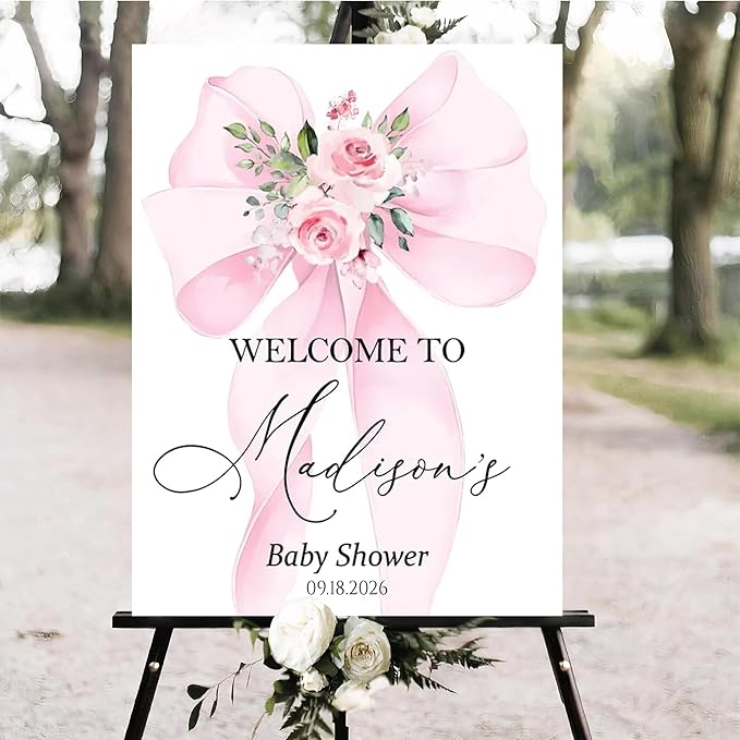 Personalized Pink Bow Baby Shower Welcome Sign, Custom Minimalist Bow Baby Girl Party Sign, Baby's Shower Gifts, Birthday Gifts, Gender Reveal Decorations, Newborn Announcement Party Supplies - 02