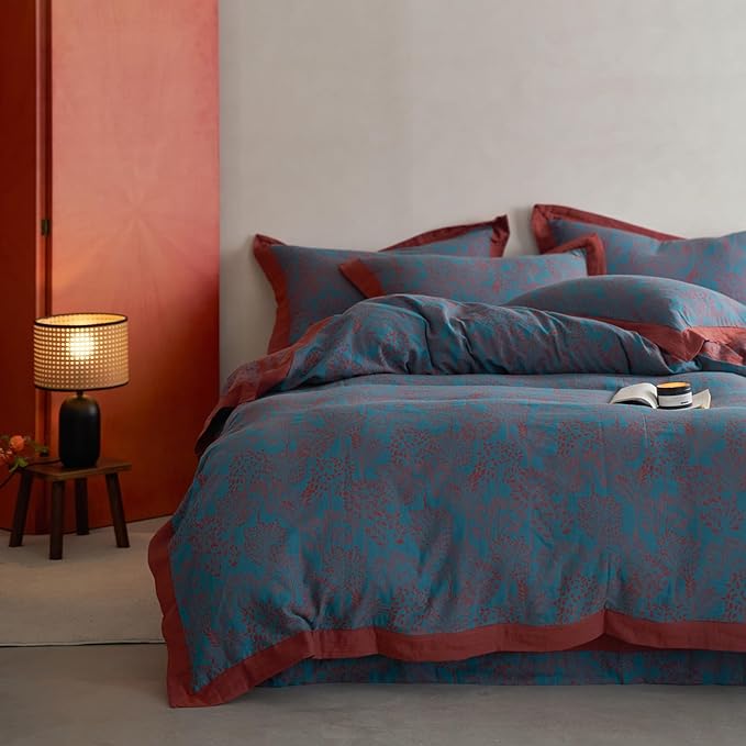 Jacquard Duvet Cover King Yarn-Dyed Cotton Blue Floral Duvet Cover Reversible Burgundy Red Tree Leaves Bedding Comforter Cover Vintage Country Bedding Cottagecore Botanical Duvet Cover Set King Size