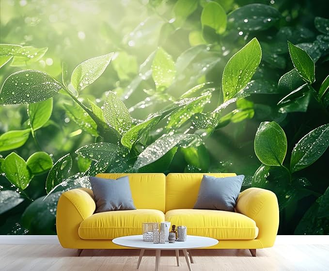 Dewdrops Green Leaf Wall Mural, Botanical Forest Sunlight 3D Wall Murals, Refreshing Nature Wallpaper Mural, for Living Room Bedroom Large Wallpaper Indoor Decor 78.7" W x55.1 H