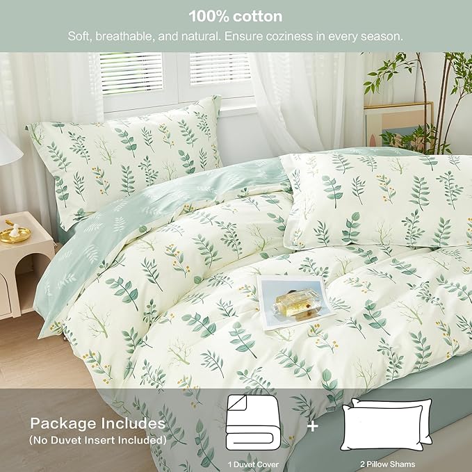 SAPHREAS Botanical Duvet Cover Set Queen Size 3pcs Beige 100% Cotton Bedding Green Leaves Bedding Comforter Cover Set 1 Duvet Cover 2 Pillow Shams, Comforter Not Included