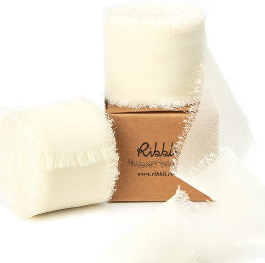 Ribbli Chiffon 1-1/2 inch x 20 Yard Handmade Fringe Cream Ivory Silk Ribbon for Wedding Invitations, Bridal Bouquets, Flower Arrangement Decoration