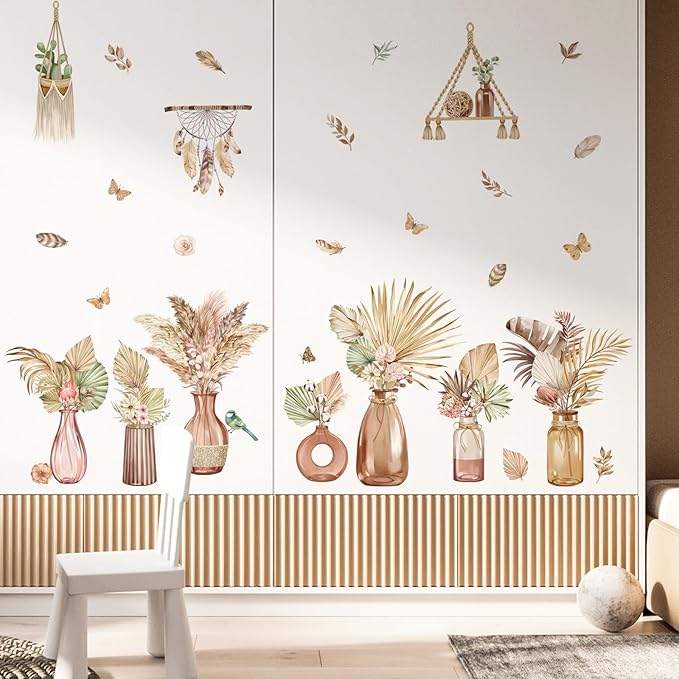 decalmile Boho Palm Leaves Wall Decals Flower Vase Tropical Plants Butterflies Wall Stickers Bedroom Living Room Sofa TV Background Wall Décor