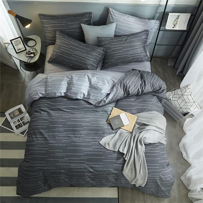 LifeTB Striped Comforter Set Queen Grey Striped Bedding Comforter 3 Pieces Geometric Comforter Set 1 Stripe Comforter Queen with 2 Pillowcases Grey Stripe Fluffy Bed Set for All Seasons