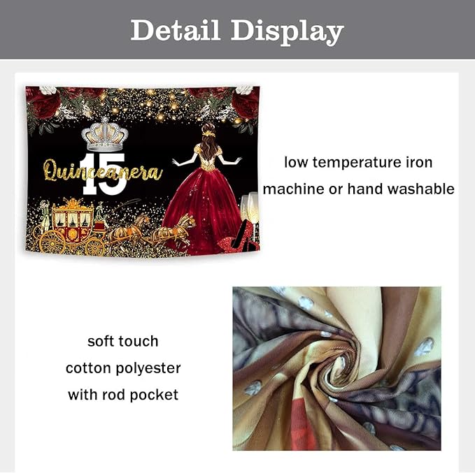 Red Dress Rose Flower Backdrops Quinceanera Birthday Backdrop for Girl Princess Happy 15th Bday Carriage Photography Props Cake Table Banner 5x3ft MBJLSLU33