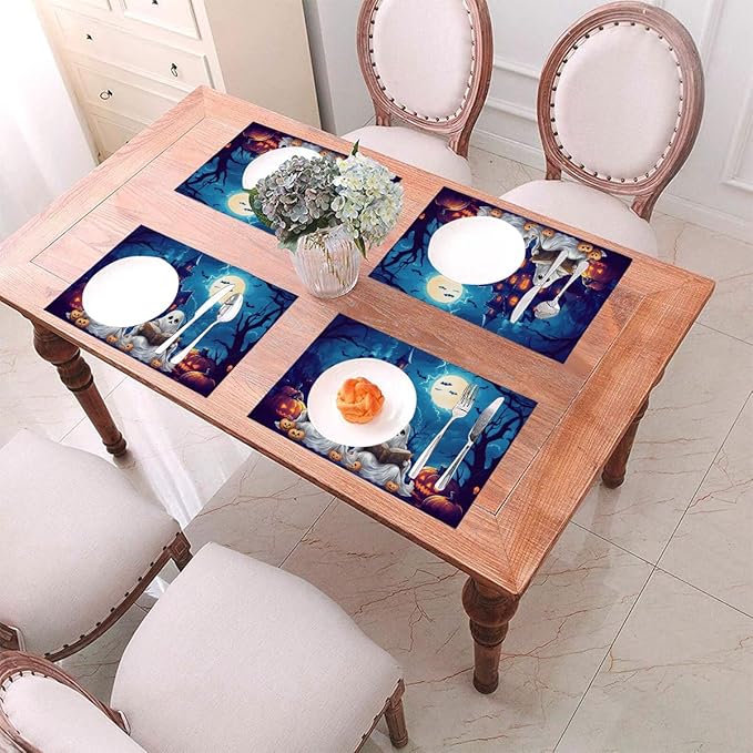 PVC Placemats Set of 4 Wipeable Table Mats Washable Heat Resistant Non Slip Vinyl Dining Table Mat for Kitchen Indoor Outdoor Patio Farmhouse Place Mats Halloween Pumpkin Ghosts Castle Decorative