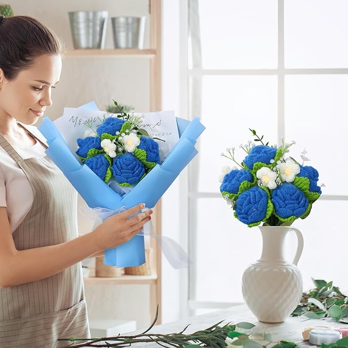 Foyucool Crochet Flowers Bouquet, Handmade Knitted Rose Bouquet with Gift Bag for Home Deocor, Crocheted Finished Flower for Wedding, Mother's Day, Teachers' Day and Valentine's Day, Blue