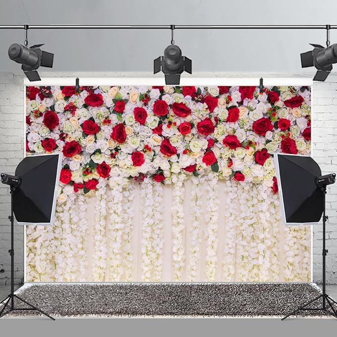 10x5ft White Red Flowers Wall Backdrop Wedding Floral Background Spring Blooming Roses Photography Banner for Bridal Shower Mothers Day Birthday Womens Day Valentines Day Baby Shower Decor