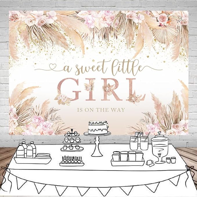 Mocsicka Boho Hello Baby Backdrop Boho Chic Pink Flowers Baby Shower Background A Sweet Little Girl is on The Way Party Cake Table Decorations Photo Booth (10x6.5ft)