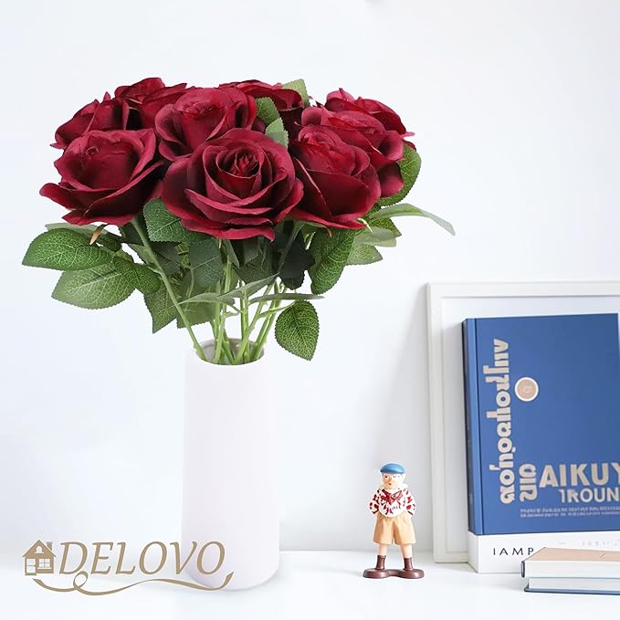 DELOVO 52pcs Burgundy roses artificial flowers Fake Flowers silk roses with Stems for DIY Wedding Bouquets Bridal Shower Centerpieces Arrangements Party Decorations