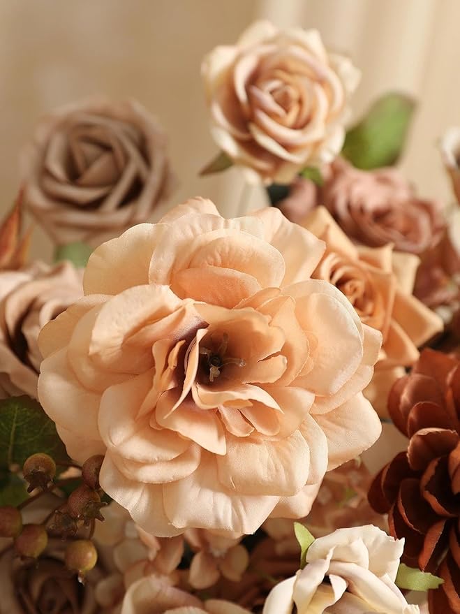 Coffee Artificial Flowers Combo Brown Silk Flowers Fake Roses Dahlia with Stems for DIY Wedding Bridal Bouquets,Table Centerpieces,Cake Floral Arrangement,Baby Shower,Birthday Home Decor
