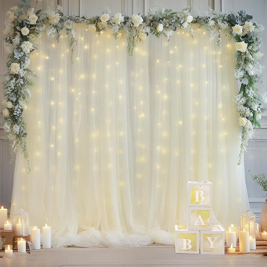 10x8ft Ivory Tulle Backdrop Curtain with Lights String for Parites, Sheer Backdrop Curtains for Wedding Baby Shower Birthday Party Photo Shoot Decorations