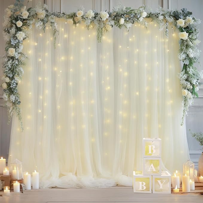 30x10ft Ivory Tulle Backdrop Curtain with Lights String for Parites, Sheer Backdrop Curtains for Wedding Baby Shower Birthday Party Photo Shoot Decorations