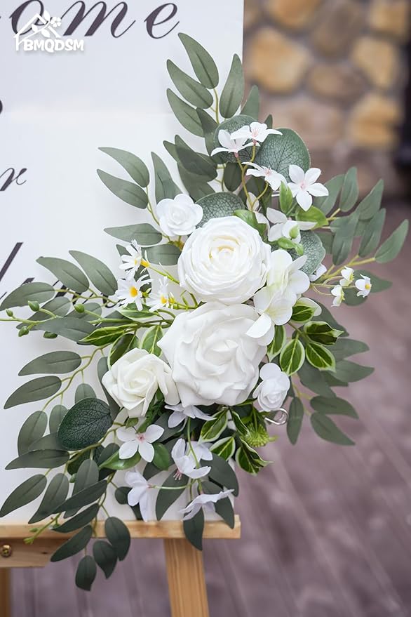 Wedding Welcome Signs Floral(Pack of 2)，Wedding Arch Flowers for Wedding Decorations and Reception Backdrop Decoration (New White)