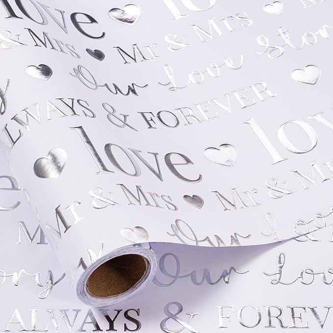 RUSPEPA 30“ x 16.4’ Wedding Wrapping Paper Large Roll, Jumbo Roll, White Gift Paper with Love & Mr & Mrs Design, Romantic Gift Wrap for Wedding, Bridal Shower, Anniversary, Engagement 41 total sq ft.