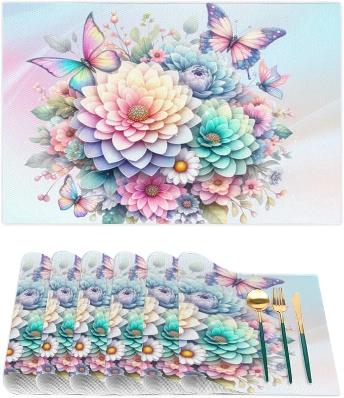 PVC Placemats Set of 1 Spring Flower Floral Wipeable Table Mats Washable Heat Resistant Non Slip Vinyl Dining Table Mat for Kithen Indoor Outdoor Patio Farmhouse Place Mats Decorative