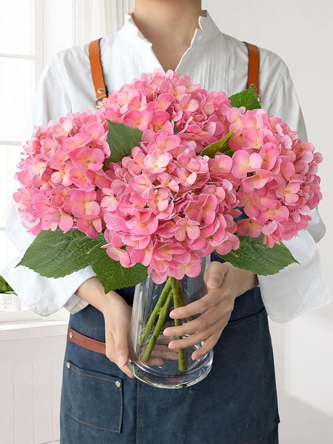 Light Pink Faux Hydrangea Flowers for Decoration,4Pcs 20" Real Touch Lifelike Faux Flowers, Full Fake Artificial Hydrangeas with Stems for Bouquet Table Centerpieces Spring Home Decoration