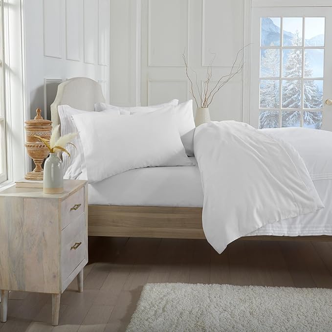 Market & Place 100% Cotton Twin Flannel Sheet Set | 3 Piece Deep Pocket Solid Cozy Winter Bed Sheets | Double Brushed for Extra Softness & Comfort | Chalet Collection (Twin, White)