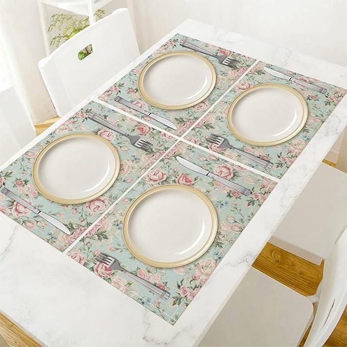 Pink Flowers Placemats Set of 8, 17x12 Inch Rustic Spring Floral Blossom Natural Romantic Table Mats for Home Party Kitchen Dining Decor