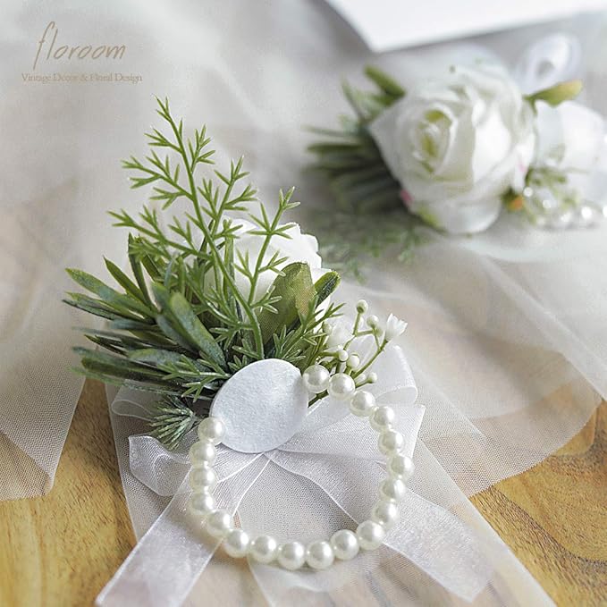 Floroom Ivory Rose Wrist Corsage Wristlet Band Bracelet for Women Bride Bridesmaid White Wedding Prom Set of 2