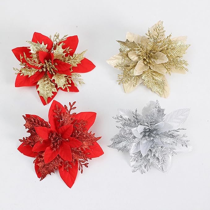 12 PCS Poinsettia Flower Artificial Silver Christmas Flowers Artificial 5.5'' Glitter Poinsettias Artificial Christmas Tree Flower with Clips DIY Xmas Wreath Holiday New Year Home Party Decor