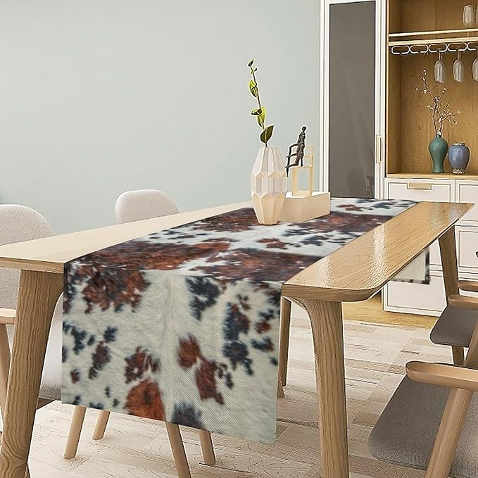 Cow Print Table Runner, Brown Cowhide Print Western Style Table Runner Country Farmhouse Cottage Cow Patten Table Decoration for Home Kitchen Dining, 13x90 in