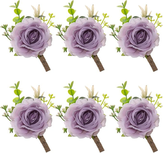 Ivory Rose Boutonniere for Men Wedding Set of 6 Groom Groomsmen Best Man Artificial Flowers Boutonniere for Wedding Ceremony Anniversary Prom Flowers Formal Dinner Party (6, Purple, Middle)