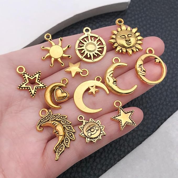 WOCRAFT 60pcs Antique Gold Sun Moon Star Charms Bracelet Charms for Jewelry Making Sets DIY Necklace Bracelet Keychain Crafting Charms Kit Craft Supplies (SN834)
