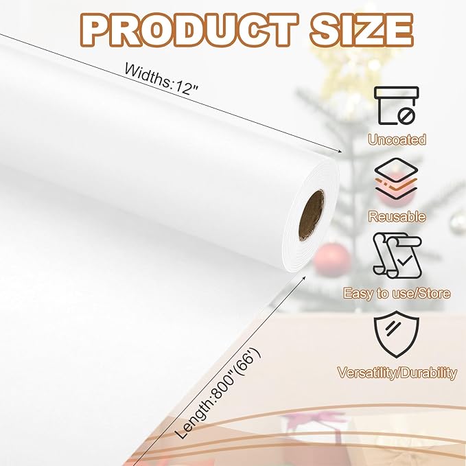 PATIKIL Wrapping Paper, 12" x 800"(66') 70 GSM Craft Paper Roll Kraft Packing Paper for Poster Bulletin Board, Gift Wrapping, White