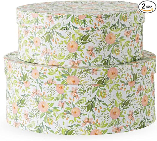 Soul & Lane Wild Flowers Oval Storage Boxes for Home Décor - Set of 2: Floral Gift Boxes with Lids for Presents, Decorative Photo Storage Cartons, Stackable Paperboard Containers for Organizing