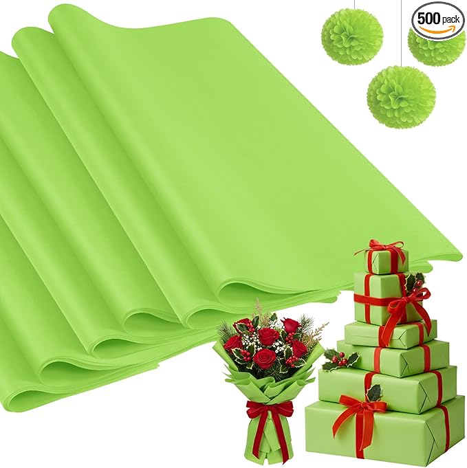 Qilery 500 Sheets Lime Green Tissue Paper Bulk 15 x 20 Inch Acid Free Christmas Wrapping Packing Gift Papers for Weddings Birthday Party Decoration, DIY Crafts, Flowers, Pom Poms, Festive Supplies