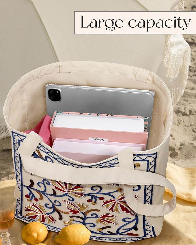 Aesthetic Embroidery Tote Bag for Women - Reusable Canvas Cute Shoulder Bag for Shopping, Grocery, Work, Book
