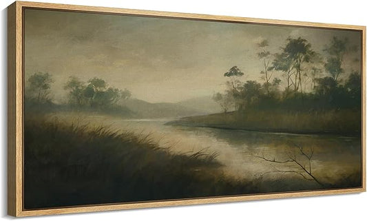 SIGNFORD Extra Large Framed Canvas Print Wall Art Misty River with Trees Tranquil Nature Landscape Illustrations Modern Art Relax/Calm Warm for Living Room, Bedroom, Office - 60"x30"