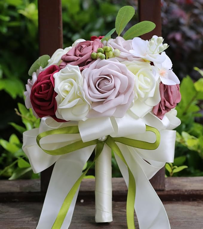 Lightweight Bridal Wedding Bouquet Round Holding Bouquet Throw Toss Artificial Rose Flower Bunch for Bride Bridesmaid Wedding Quinceanera (Cream, Smoky Rose, Light Taro & Burgundy, 7.9")