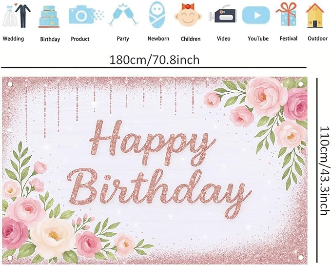 Rose Gold Birthday Backdrops Banner Floral Pink Flower Glitters Happy Birthday Photography Background for Women Girls Wedding Baby Shower Decor Party Photo Booth Supplies 6x4ft