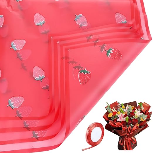 20 Sheets Bouquet Wrapping Paper, 22.4Inch Red Strawberry Pattern Flower Floral Wrapping Paper Pink Floral Paper for Bouquets Kit, Waterproof Decorations with Ribbon for DIY Crafts Wedding Birthday Party for Christmas