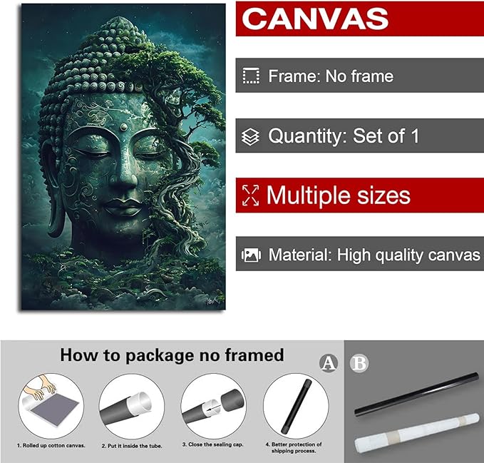 Buddha statue wall art canvas wall decor aesthetic picture mystical nature art for tranquil home and spiritual space 12x18in Frameless