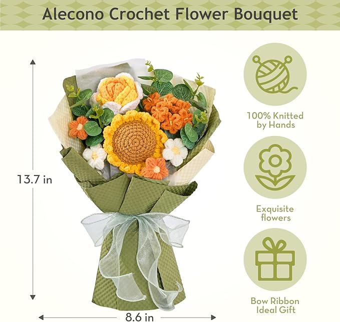Alecono Crochet Flower Bouquet, Knitted Sunflower Flowers, Green Handmade Bouquet of Flowers for Lover Anniversary Birthday Party Mother's Day Graduation Gifts (Include Card)