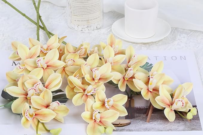 IPOPU 5 Pcs Real Touch Faux Orchid Champagne Orchid Artificial Flowers with Long Stem for Wedding Party Centerpiece Bridal Bouquet DIY Home Living Room Decoration