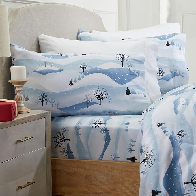 Market & Place 100% Cotton King Flannel Sheet Set | 4 Piece Deep Pocket Novelty Cozy Winter Bed Sheets | Double Brushed for Extra Softness & Comfort | Alpine Collection (King, Winter Landscape)