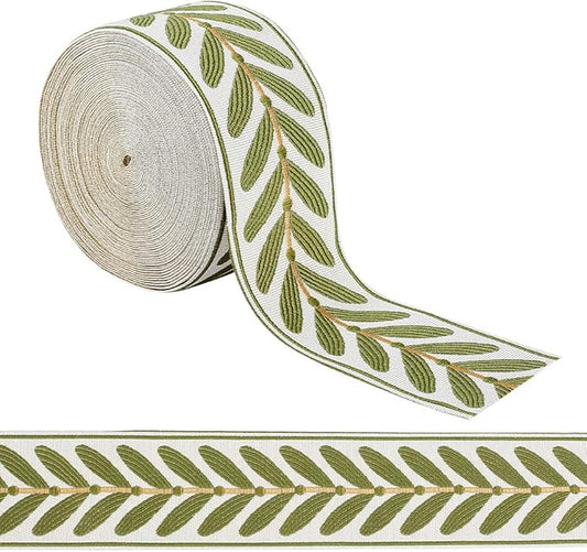 OLYCRAFT 10.9Yards Jacquard Ribbon Trim 2.4 Inch Leaf Pattern Jacquard Polyester Ribbons White Green Leaf Jacquard Woven Embroidery Trim for DIY Sewing Crafts Handmade Bag Belts Clothing Decoration