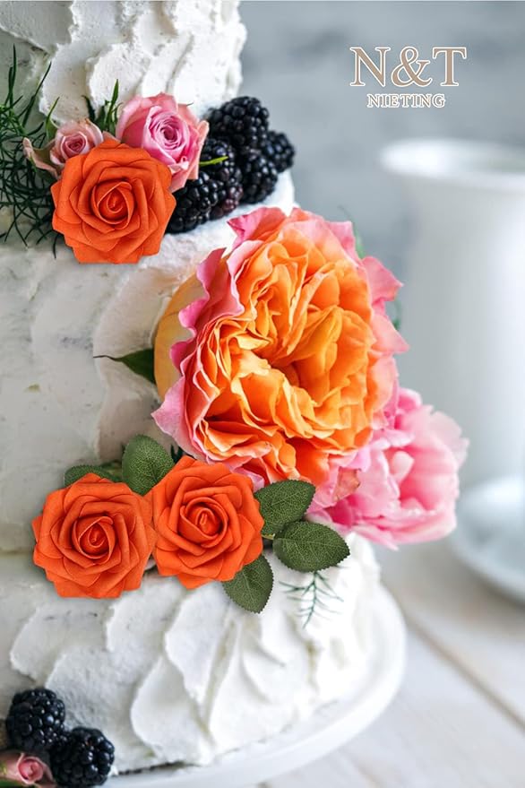 N&T NIETING Artificial Flowers, Fake Flowers Burnt Orange Roses Perfect for DIY Wedding Bridal Bouquets Centerpieces Bridal Shower Party Home Flower Arrangement Decorations, 50Pcs
