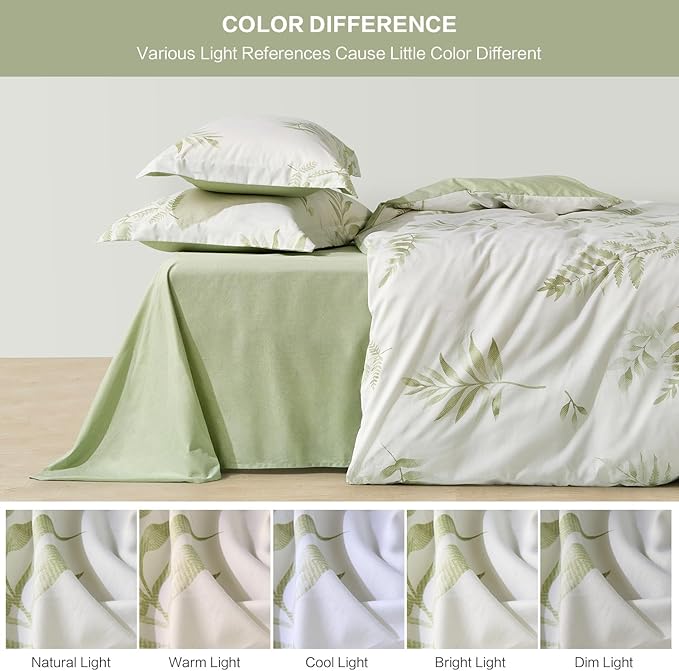 SAPHREAS Tropical Leaf Pattern Duvet Cover Set King Size 3pcs Green Leaves Botanical Bedding Comforter Cover Set Cotton Soft Breathable 1 Duvet Cover 2 Pillow Shams, Comforter Not Included