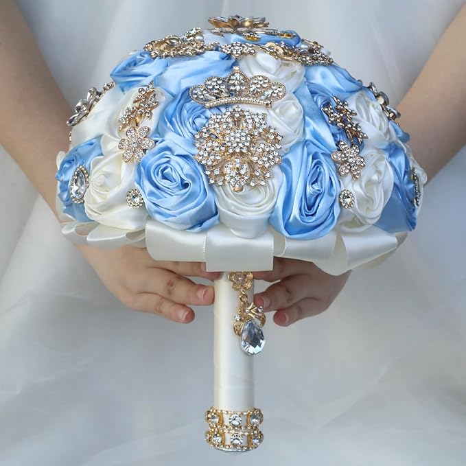 Handmade Satin Rose Floral Bling Pearl Decor Bridal Wedding Bouquet Rhinestone Pendant Artificial Brooch Flowers for Bride Bridesmaid Quinceanera