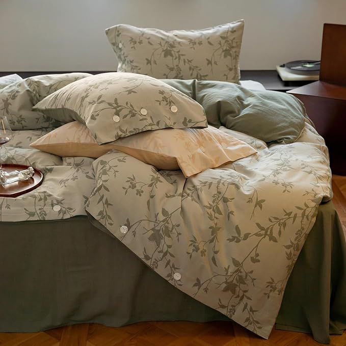 VM VOUGEMARKET Linen Cotton Duvet Cover Queen,3 Pcs Yarn-Dyed Jacquard Textured Duvet Cover with Button Closure Botanical Leaves Bedding Set-90"x90",Sage Green