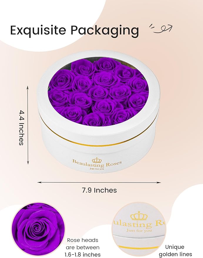 Preserved Roses Forever Flowers Real Roses in a Box Mother's Day Birthday Flowers for Her Mom Women Wife Valentine's Day, 16 Purple Roses