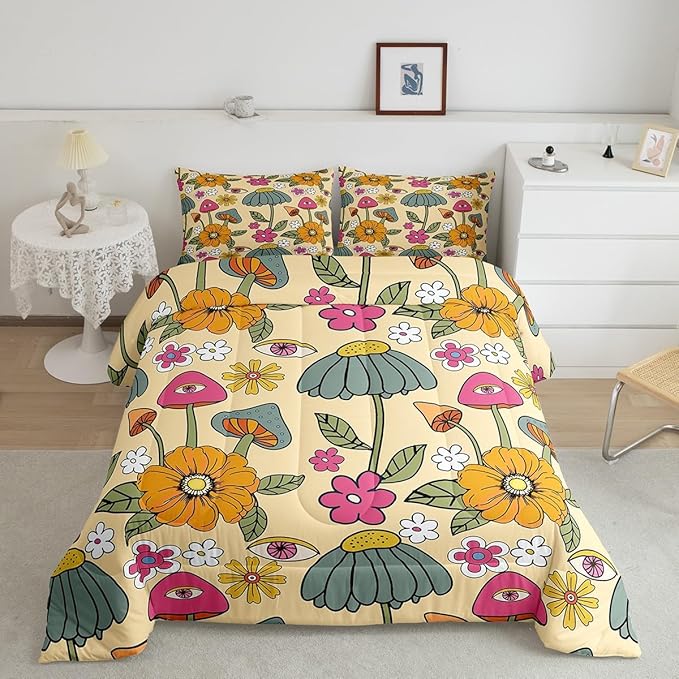 Castle Fairy 70s Retro Floral Queen Size Comforter Set,Hippie Flowers Leaves Bedding Set with 2 Pillowcases,Cartoon Eyes Mushroom Breathable Durable Polyester Bedding Set