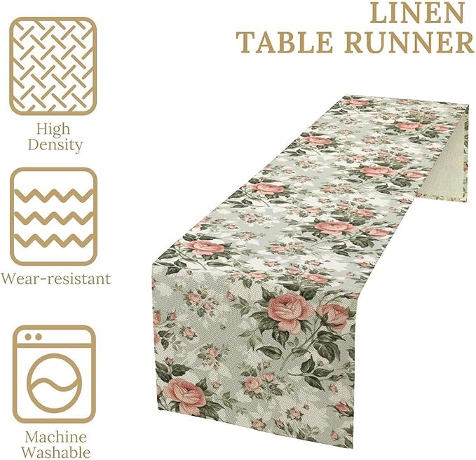 Rose Floral Table Runner, Green Pink Rose Leaf Classic Vintage Decorative Table Runner for Kitchen Dining Party Wedding Home Decor, 13x108 Inch